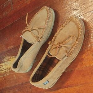 Green Flannel Lined Tan Moccasins Sz 12